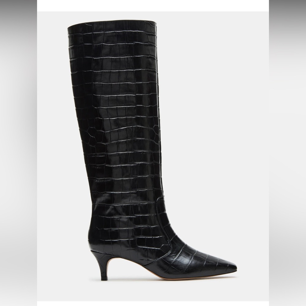 Black Croc-Embossed Knee-High Boots